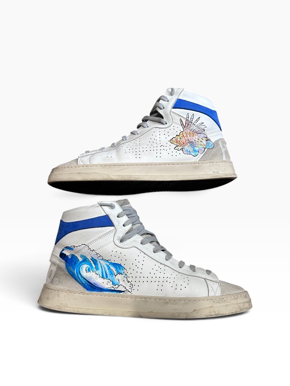 P448 Custom painted Men's Skate High-Top Sneakers Fish & Wave Design - Size 14